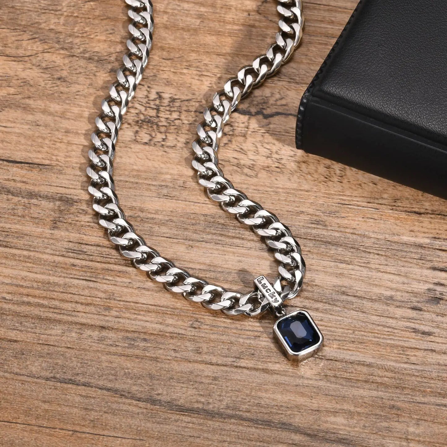 Sea Blue Zircon Pendant Necklaces for Men Boys,Stainless Steel Lucky Words Pendant Collar,Punk Hiphop Jewelry Birthday Gift