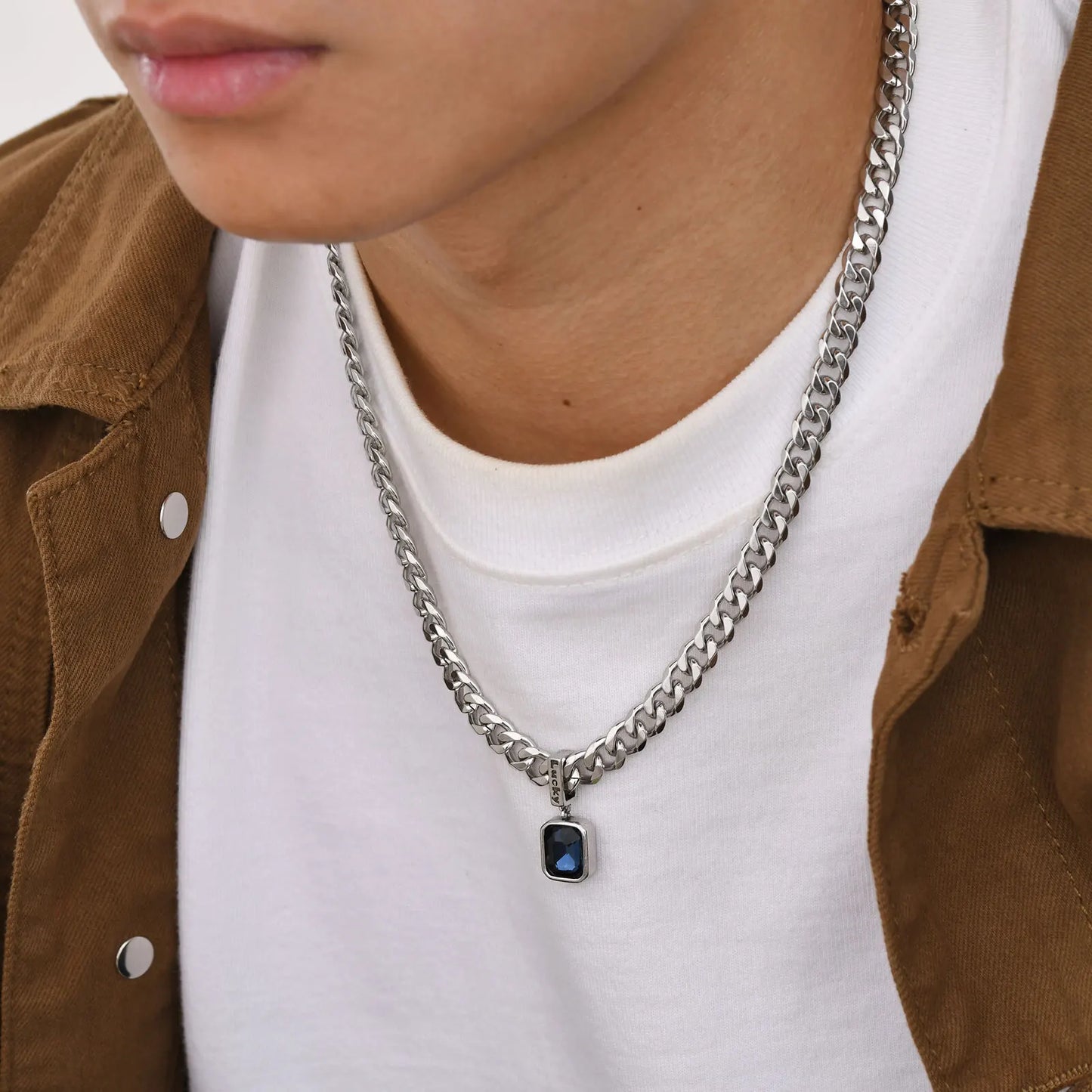 Sea Blue Zircon Pendant Necklaces for Men Boys,Stainless Steel Lucky Words Pendant Collar,Punk Hiphop Jewelry Birthday Gift