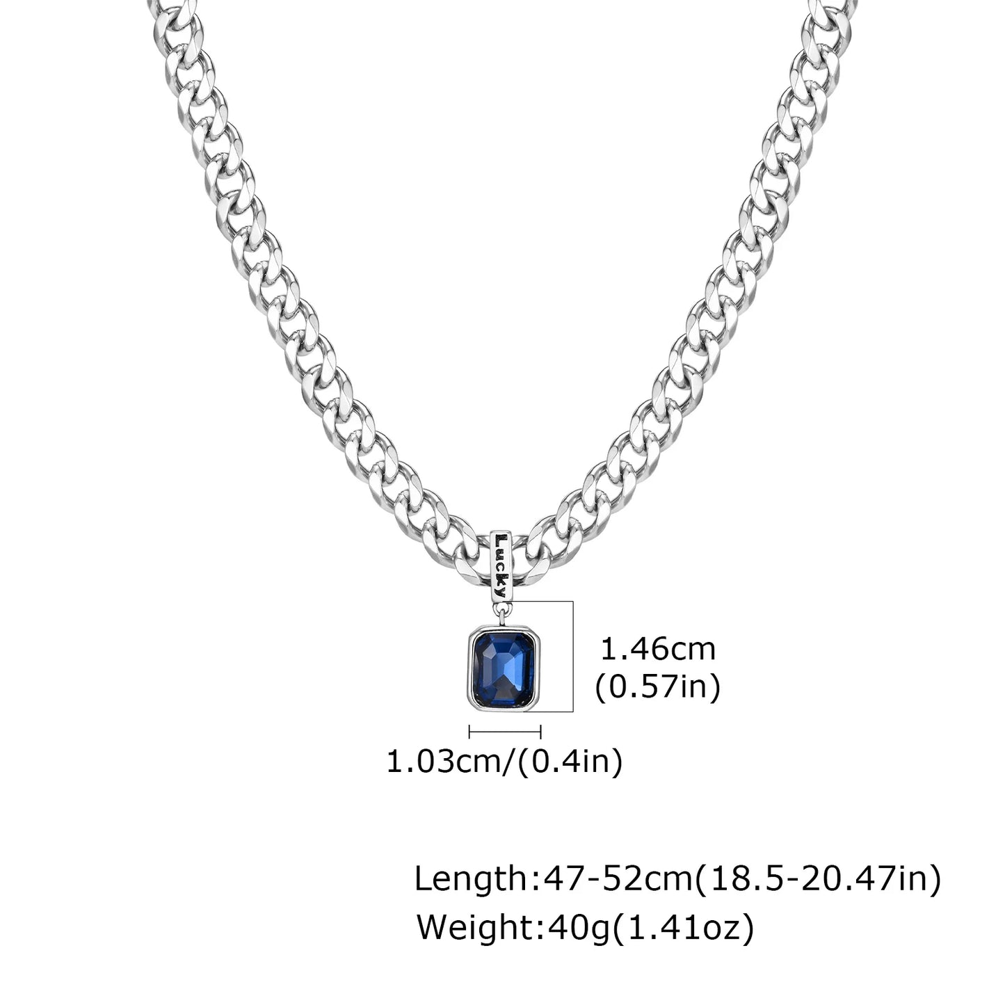 Sea Blue Zircon Pendant Necklaces for Men Boys,Stainless Steel Lucky Words Pendant Collar,Punk Hiphop Jewelry Birthday Gift